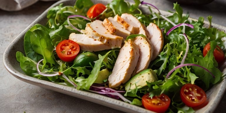 avocado salad, a plate of salad with chicken, tomatoes, and avocado