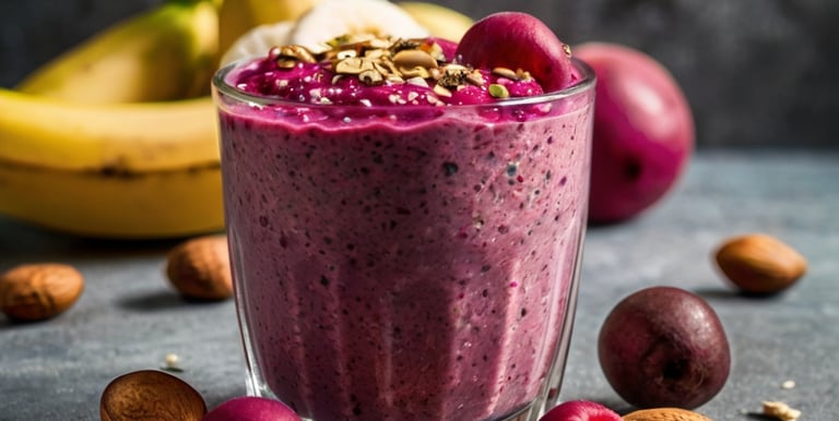 a smoothie with beetroot, fruit and nuts on a table
