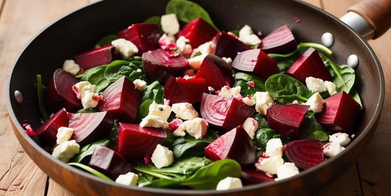 beetroot feta, a pan of food with a wooden spoon and a wooden spoon