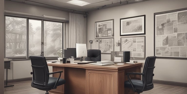 A brick building surrounded by lush greenery and vibrant flowers. The entrance is adorned with a sign reading 'Munro & Crawford, Barristers & Solicitors' and 'Notaries Public'. The address '5670 Yew Street' is displayed on a separate sign. There is a variety of foliage, including a large tree and shrubs with red and yellow flowers. A person is seated on a bench near the entrance, partially obscured by the plants.