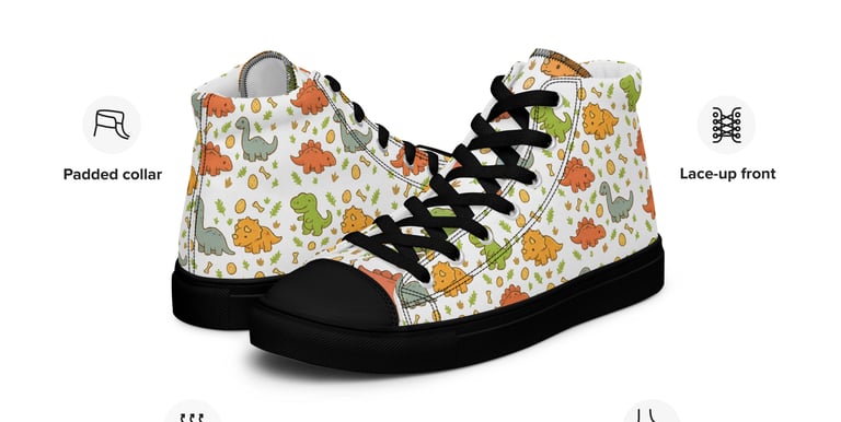 Dinosaur print high top canvas sneakers for kids featuring a sturdy lace-up front and EVA rubber outsole.