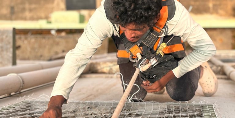 Close-up of a technician carefully installing a durable duct net in a residential building in Korama