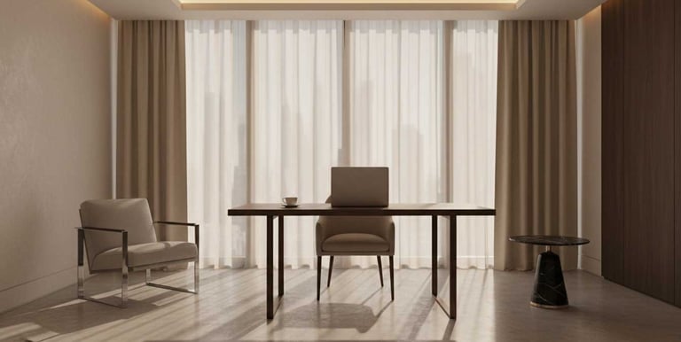 Elegant Dubai office interior symbolizing confidential real estate consultations and discreet advisory services.