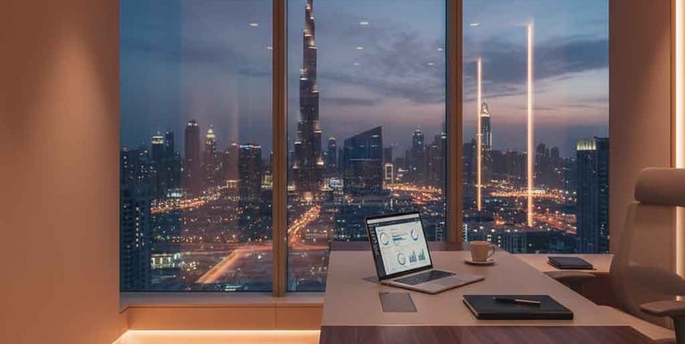 Elegant Dubai office at dusk with skyline view, symbolizing private real estate investment consultations.