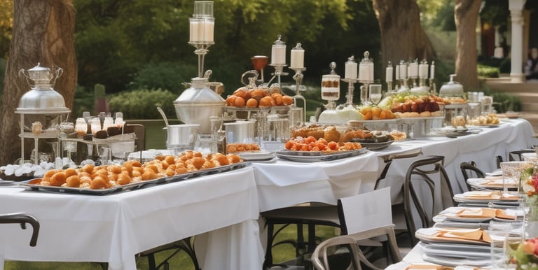 A luxurious table setting featuring gourmet pastries and exquisite décor elements for an upscale event.