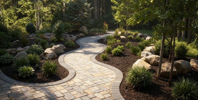 a winding paver walkway with flower beds, plants and trees lining the sides