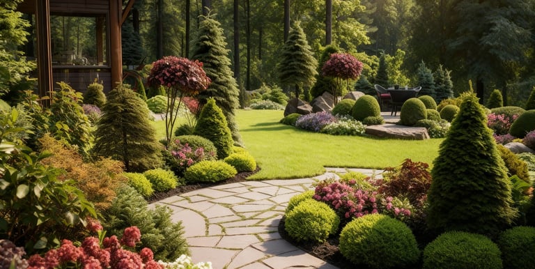 a garden with a gazebo, walkway, and planting beds
