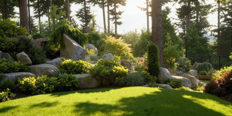 a hill garden with large stones, bushes, lawn,  and trees
