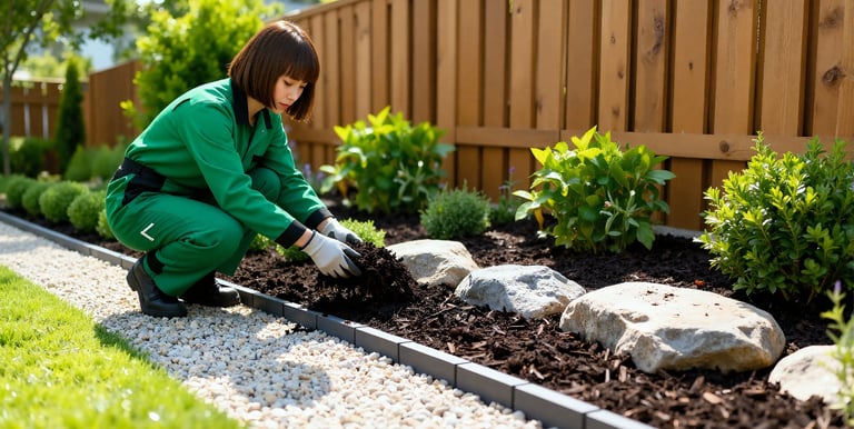 a woman in a green outfit is kneeling down to spread mulch