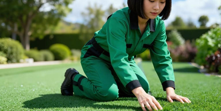 a woman in a green uniform is kneeling on synthetic grass