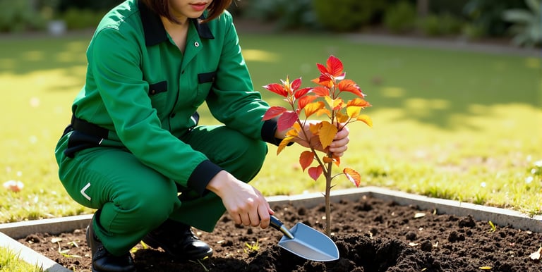 a woman in a green jacket is planting a plant in a flower bed