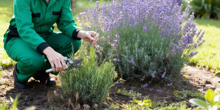 a woman in a green uniform is pruning a lavender bush