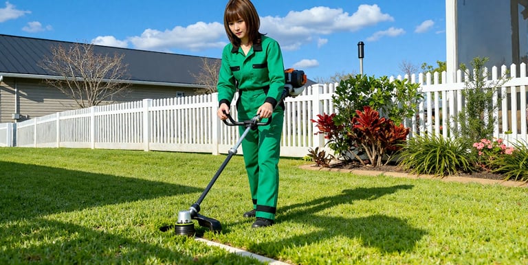 a woman in green overalls is using a weed trimmer