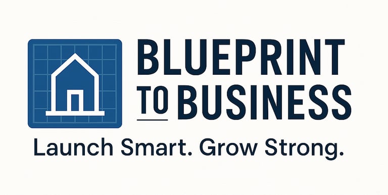 a blueprint business logo with a house in the background