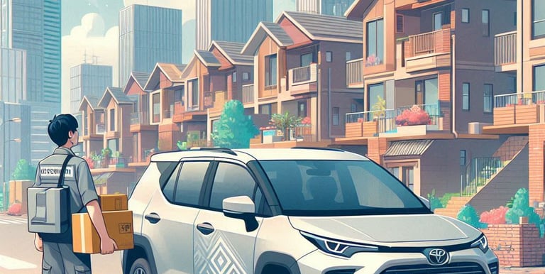 a man is walking to the vehicle with a box