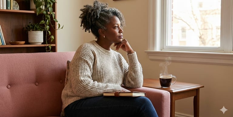 a woman sitting on a couch with a book and a cup of coffee