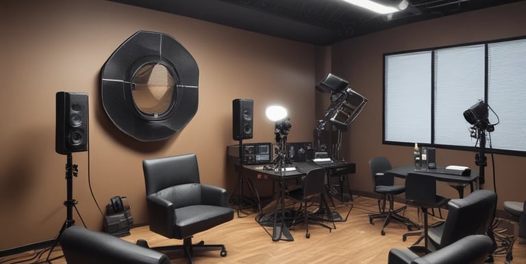 A close-up view of a smartphone displaying various podcast covers on its screen, alongside a brown leather-covered notebook lying on a table. In the background, part of a white keyboard and another notebook with a checked pattern are visible.