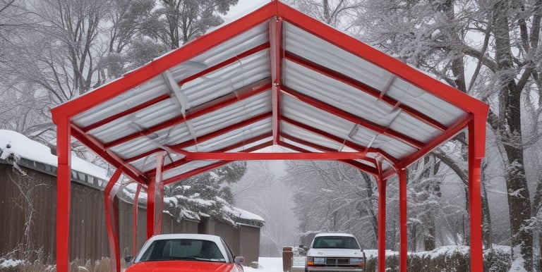 Two prefabricated buildings with corrugated metal siding stand side by side. The buildings have flat roofs and small windows. Shadows from nearby trees create patterns on the walls, and power lines are visible in the background. The scene is illuminated by natural daylight.