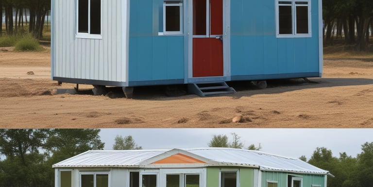 A corrugated metal building is viewed from an upward angle, featuring a section of the roofline against a sky transitioning from blue to pale pink. A single street lamp is visible, with a greenish tint to its light. The building shows various shades of muted yellow and green panels.