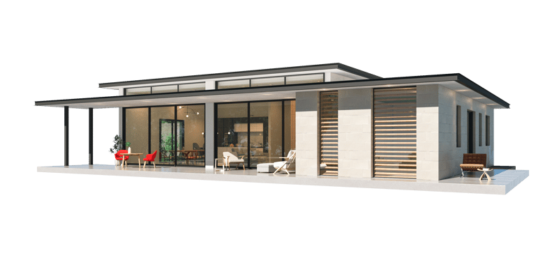 Une maison avec une grande porte vitrée et un espace patio.