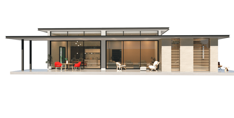 Une maison avec une grande porte vitrée et un espace patio.