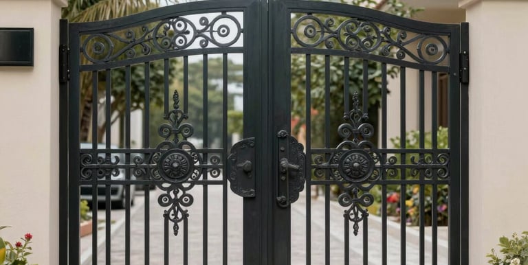 A sturdy steel carport installed beside a modern home under a clear blue sky.