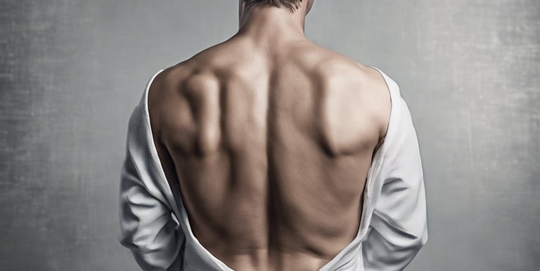 Back of person in an open gown standing another image of back of same person bending forwards,