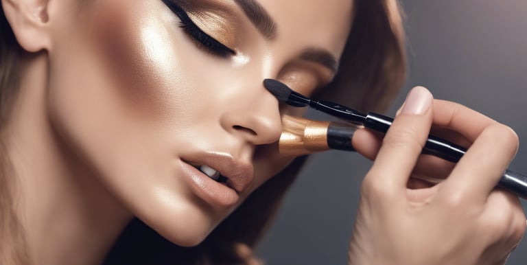 a beautiful woman with a makeup brush and eyeliners