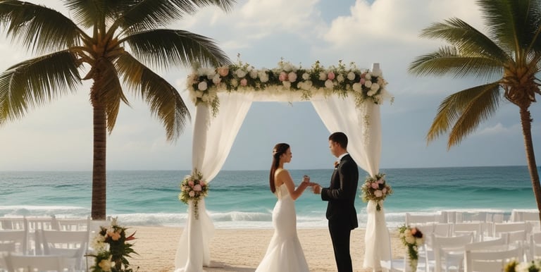 A smiling bride in a lace mermaid wedding dress walks on a tropical beach with palm trees at sunset.