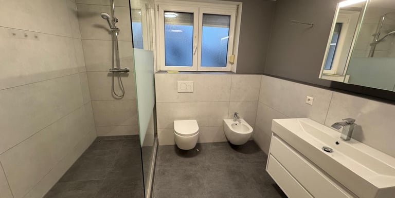 ein modernes Bad, frisch saniert, große beghehbare Dusche, WC, Bidet und Waschbecken.