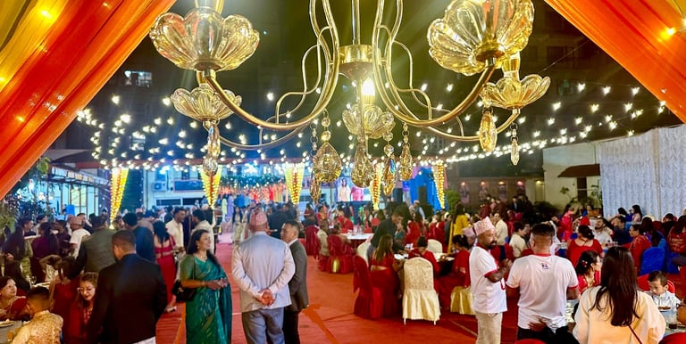 guests gather on a wedding reception