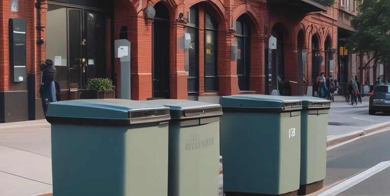 A set of five wooden recycling bins is situated outdoors on a sandy surface, surrounded by lush green foliage. Each bin is labeled for different types of waste: organic, cans, plastic, and glass. Above the bins, a wooden shelter provides protection, and there is informational signage with guidance on waste separation.