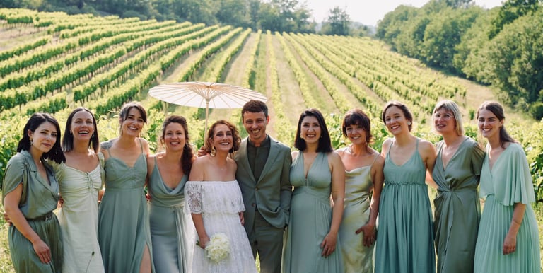 Les mariés avec les invités devant le vignoble