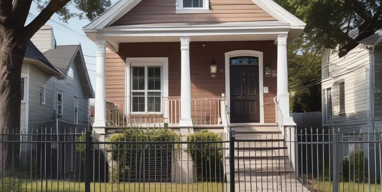 A cityscape with a real estate sign in the foreground, prominently displaying the name and phone number. Surrounding the sign are various buildings with different architectural styles, some with scaffolding and green netting. The scene features a mix of older, worn structures alongside modern glass-fronted buildings. Power lines and construction materials add to the urban complexity.
