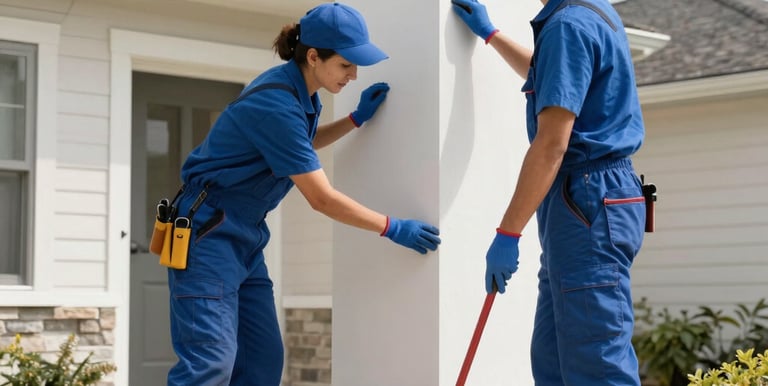 A modern building with a unique architectural design featuring a pattern of geometric brown panels and large windows. Several levels have small balconies. Two workers are suspended by ropes, performing maintenance or cleaning.