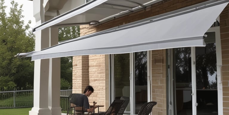 Large shade structures with net-like fabric are situated on a wooden deck overlooking a glassy, calm body of water. The sky is clear and blue, indicating a sunny day. The fabric of the shades is partially draped and flows naturally with the breeze, creating an airy and relaxed atmosphere.