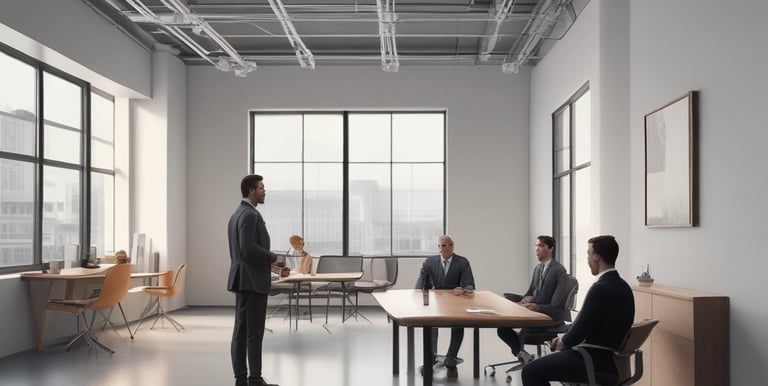entorno industrial minimalista realista, donde se observe a dos personas hablando en una sala juntas