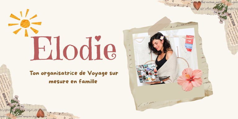 Elodie, a professional family travel planner, smiling while using a laptop decorated with travel stickers.