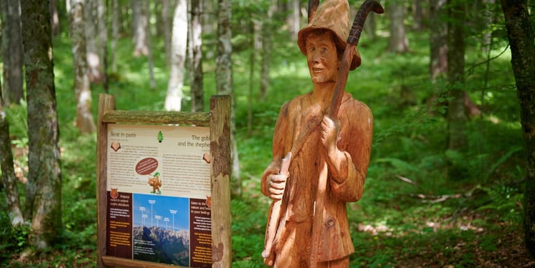 a wooden statue of a man in a hat and a wooden sign