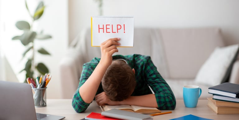 Teenager holding up a Help sign