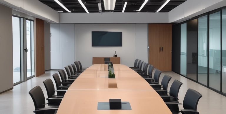 A conference room with a long wooden table surrounded by chairs covered in protective plastic. Multiple computer monitors are placed on tables against the walls, each displaying nature-themed images. The walls are lined with wood paneling, and a sign indicating a center for artificial intelligence is displayed at the front. There are decorative flower arrangements on the table, and the overall setup suggests a professional environment.