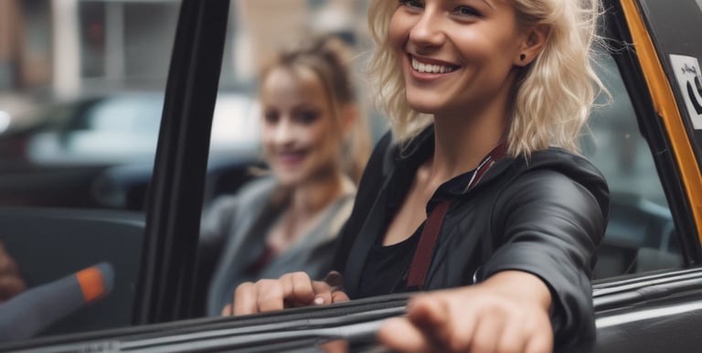 A hand holding a smartphone displaying the Uber logo on its screen. The background appears softly blurred, providing a contrast to the sharp focus on the phone. The hand is wearing a long-sleeved, checkered shirt.