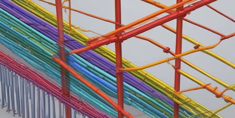 A large bundle of stacked metal rebars with rust-colored ends is shown. The rebars have a ribbed texture and are neatly arranged in parallel rows, extending to the background.