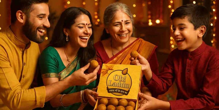Indian family enjoying homemade Oh Laddu sweets together, celebrating tradition, togetherness, and authentic homemade taste.