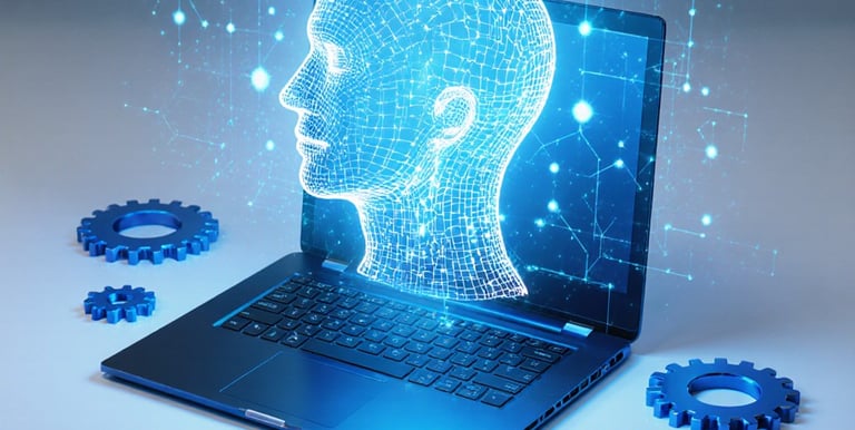 Um holograma de inteligência artificial projetado acima de um notebook