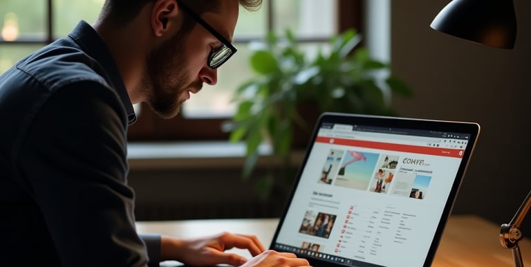 Um designer trabalhando em um notebook com tela mostrando layout moderno de site