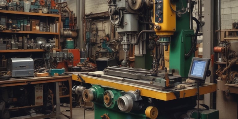 A collection of ancient metal artifacts displayed on a textured surface, including various tools and abstract shapes. The items are dark and appear to be aged, arranged in rows for viewing.