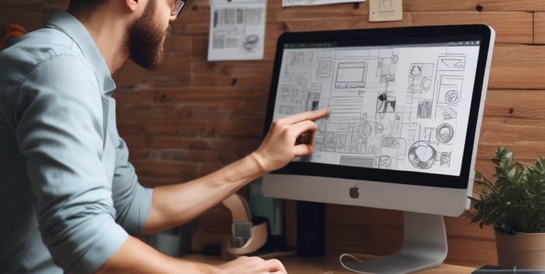 Close-up of a designer sketching website layouts on paper with a pencil.