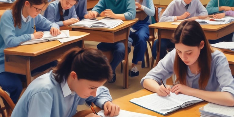 A diverse group of students engaged in a collaborative study session in a bright classroom.