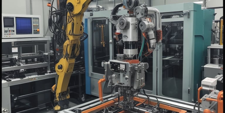 Robotic arm loading a mould machine in a bright manufacturing facility.